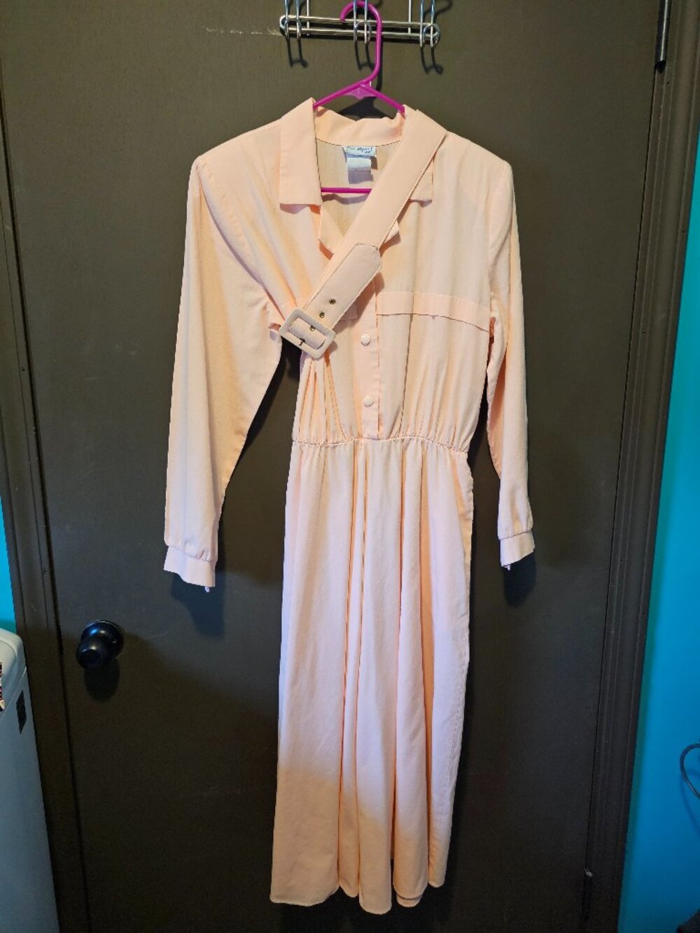 Vintage Peach Colored Button Up Belted Long Sleeved Dress by Bedford Fair